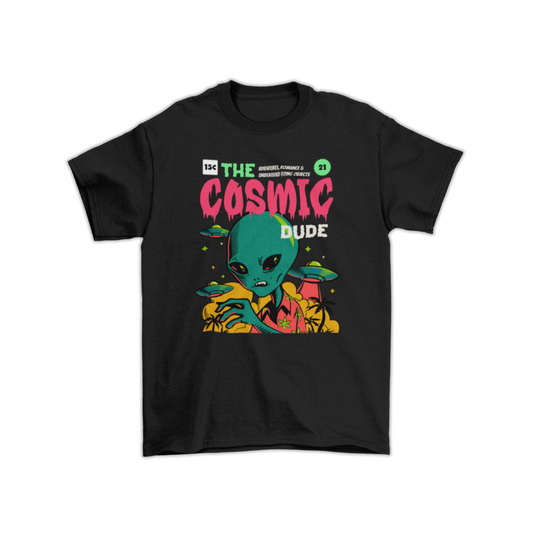 Áo thun unisex in hình người ngoài hành tinh, UFO, nấm và chữ “The Cosmic Dude” màu neon rực rỡ. Thiết kế đậm chất truyện tranh viễn tưởng – streetwear nổi bật.