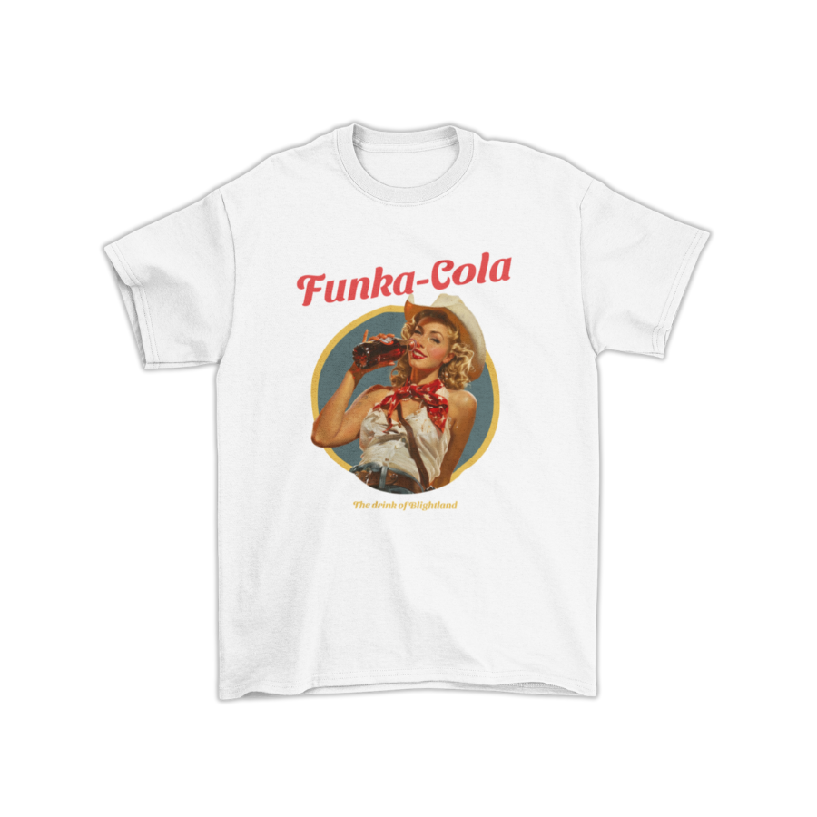 Áo thun trắng in hình cô gái retro uống cola, phong cách vintage Mỹ 1950s, có thể thay dòng chữ “Funka-Cola” bằng tên riêng hoặc slogan tùy chọn.1