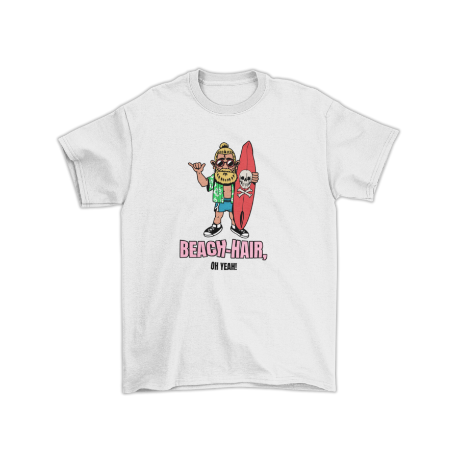 Áo thun unisex trắng và xanh dương in hình chàng trai lướt sóng tóc búi, cầm ván đầu lâu, slogan “Beach Hair, Oh Yeah!”, phong cách hài hước và streetwear mùa hè.