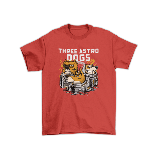 Áo thun navy và cam in hình ba chú chó mặc đồ phi hành gia, phong cách hoạt hình hài hước, chữ “THREE ASTRO DOGS” nổi bật, vibe không gian vui nhộn.