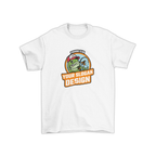 Áo thun trắng in hình cá hoạt hình đội mũ, cầm cần câu, dòng chữ “THE BAIT BUDDIES”, có thể thay bằng slogan hoặc tên nhóm theo yêu cầu.1