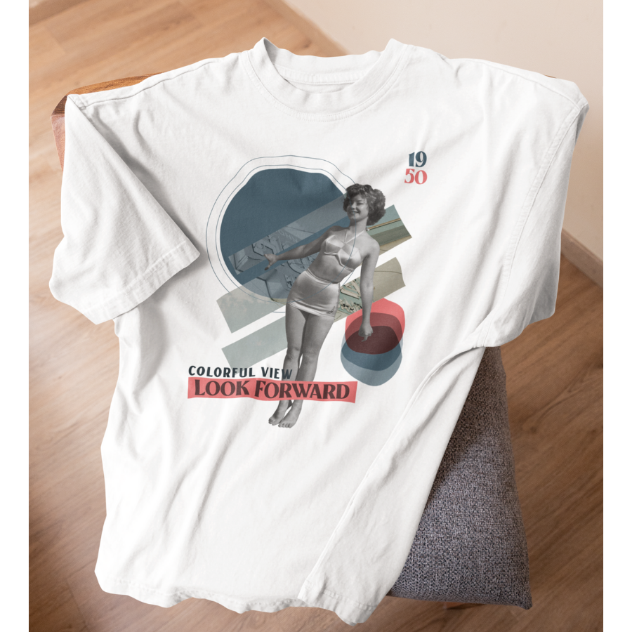 Áo thun trắng unisex in hình người mẫu thập niên 50s kết hợp các khối hình học màu retro, dòng chữ “LOOK FORWARD – 1950”, thuộc BST Vintage Vibes của Vitamin Tee.