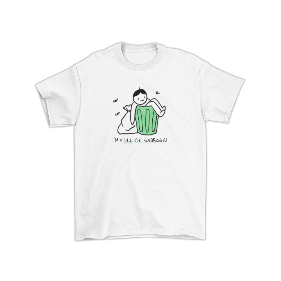 Custom slogan t-shirt with trash can illustration – white cotton tee