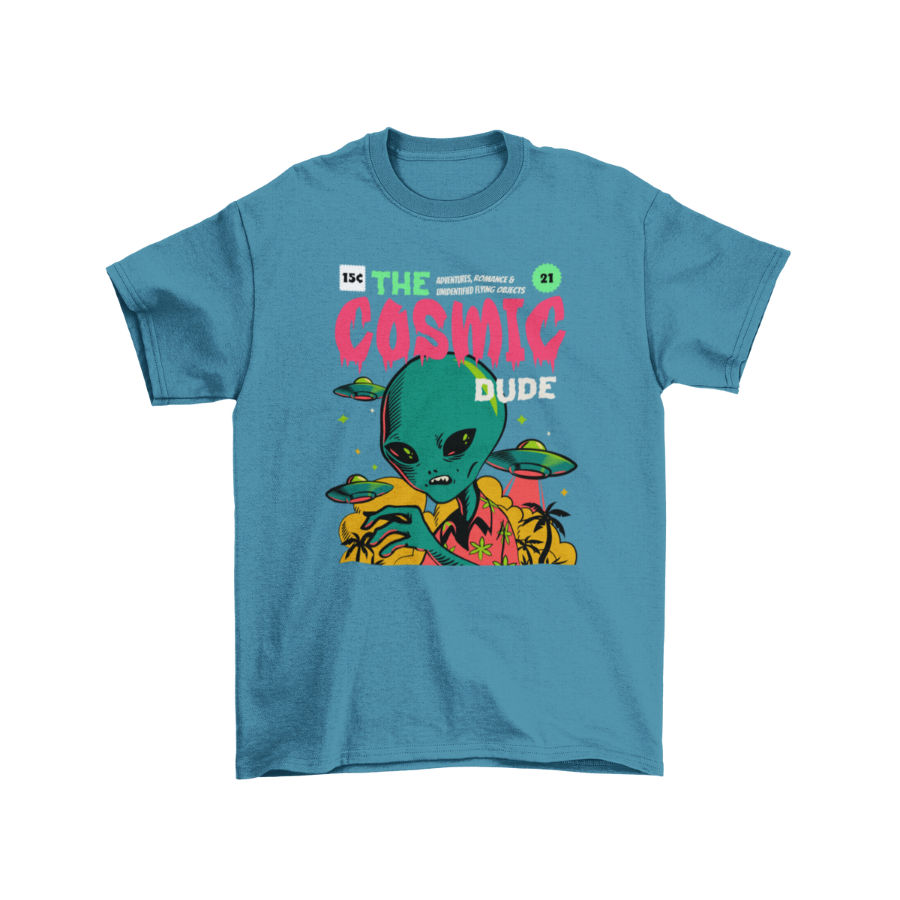 Áo thun unisex in hình người ngoài hành tinh, UFO, nấm và chữ “The Cosmic Dude” màu neon rực rỡ. Thiết kế đậm chất truyện tranh viễn tưởng – streetwear nổi bật.