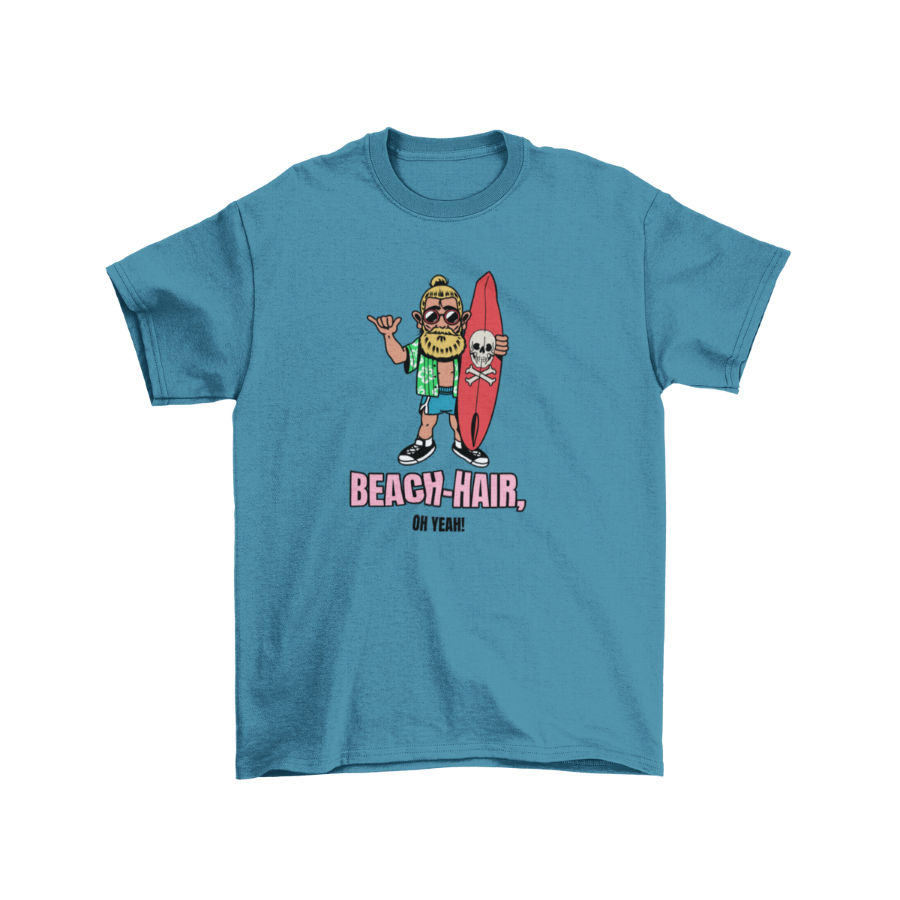 Áo thun unisex trắng và xanh dương in hình chàng trai lướt sóng tóc búi, cầm ván đầu lâu, slogan “Beach Hair, Oh Yeah!”, phong cách hài hước và streetwear mùa hè.