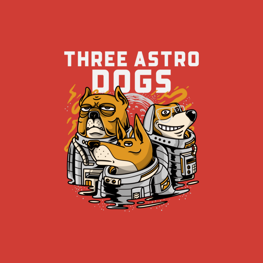 Áo thun navy và cam in hình ba chú chó mặc đồ phi hành gia, phong cách hoạt hình hài hước, chữ “THREE ASTRO DOGS” nổi bật, vibe không gian vui nhộn.