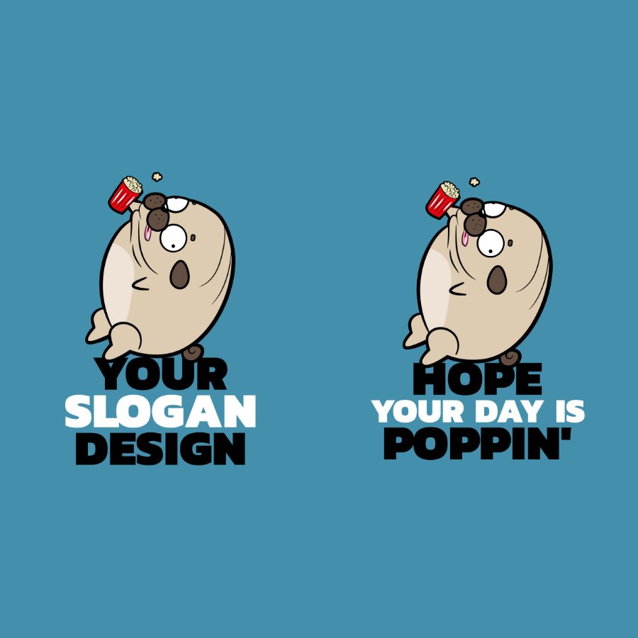 Áo thun xanh dương in hình chú chó hoạt hình pug đang gặm bắp ngô, phần slogan có thể tùy chỉnh theo ý người mặc.11