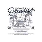 Áo thun trắng và vàng mustard in hình xe buýt giữa rặng dừa và biển, slogan “Welcome to Paradise – Vitamintee Summer 2025”, phong cách du lịch tự do và chill.