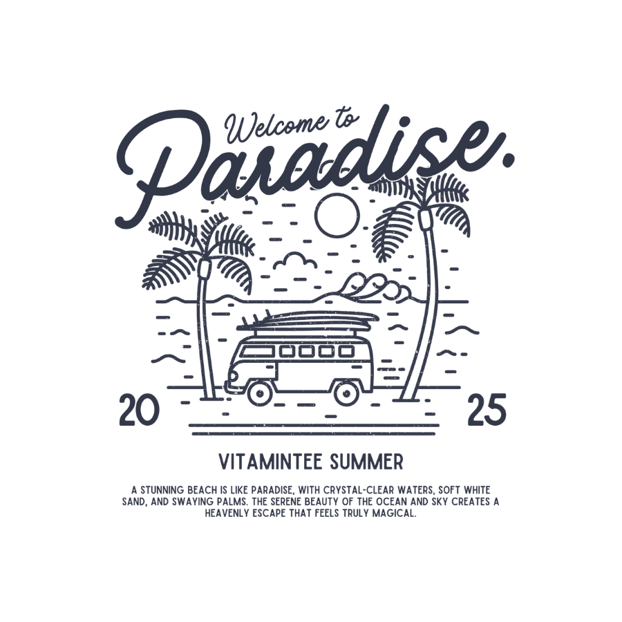 Áo thun trắng và vàng mustard in hình xe buýt giữa rặng dừa và biển, slogan “Welcome to Paradise – Vitamintee Summer 2025”, phong cách du lịch tự do và chill.