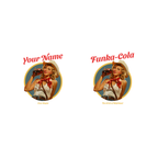 Áo thun trắng in hình cô gái retro uống cola, phong cách vintage Mỹ 1950s, có thể thay dòng chữ “Funka-Cola” bằng tên riêng hoặc slogan tùy chọn.3