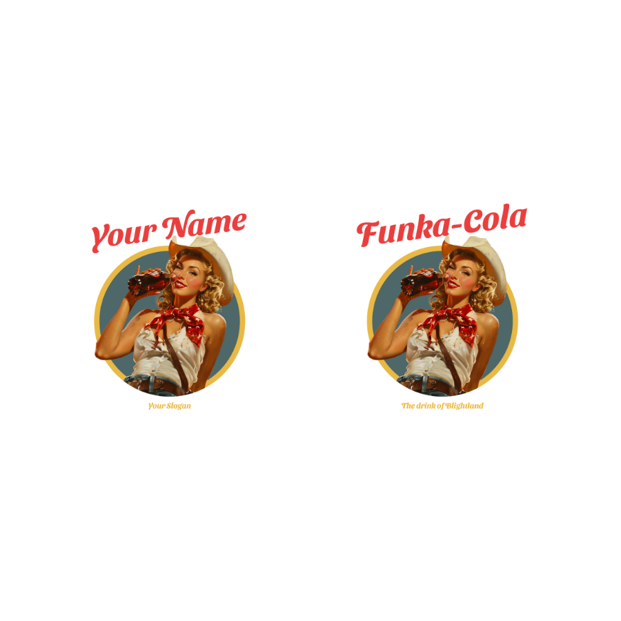 Áo thun trắng in hình cô gái retro uống cola, phong cách vintage Mỹ 1950s, có thể thay dòng chữ “Funka-Cola” bằng tên riêng hoặc slogan tùy chọn.3