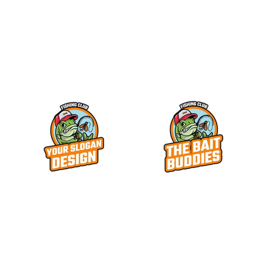 Áo thun trắng in hình cá hoạt hình đội mũ, cầm cần câu, dòng chữ “THE BAIT BUDDIES”, có thể thay bằng slogan hoặc tên nhóm theo yêu cầu.3