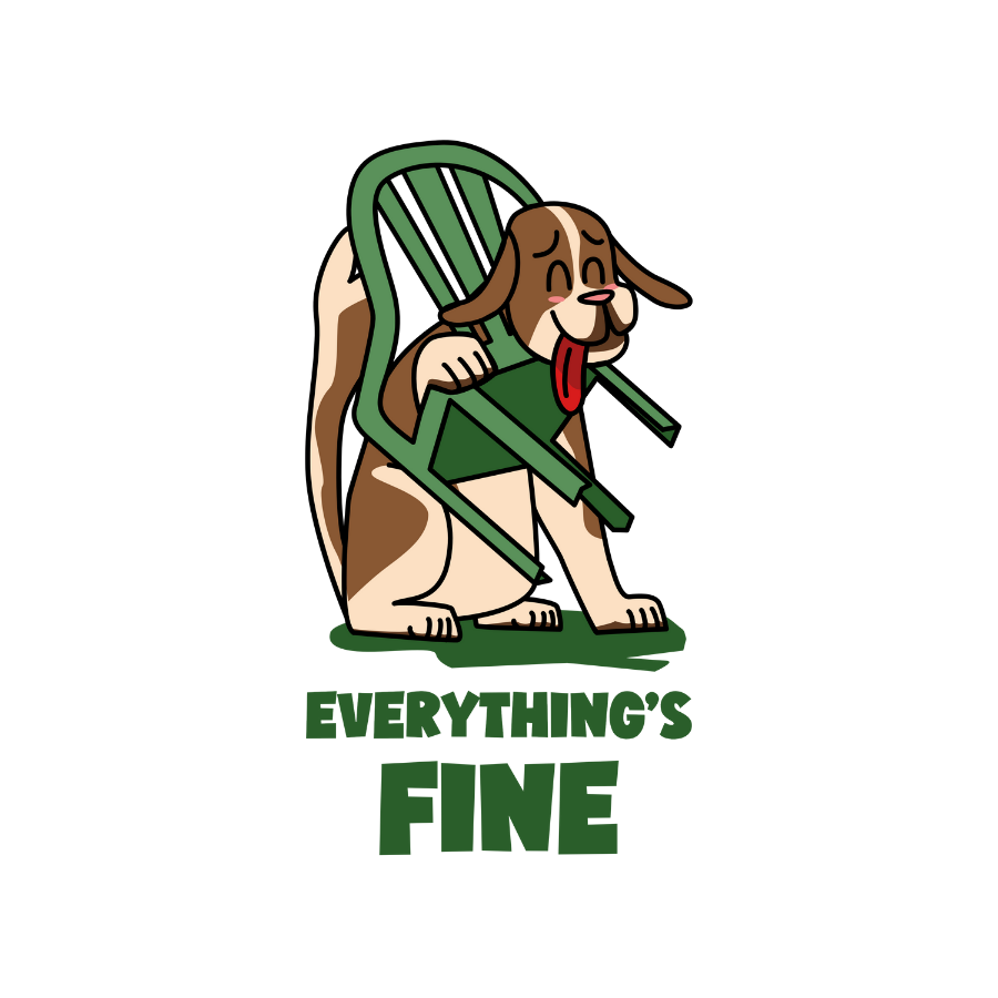 Áo thun unisex trắng và đen in hình chú chó mắc đầu vào ghế nhưng vẫn cười, kèm dòng chữ “EVERYTHING’S FINE” màu xanh – meme nổi tiếng, phong cách hài ngầm.