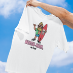 Áo thun unisex trắng và xanh dương in hình chàng trai lướt sóng tóc búi, cầm ván đầu lâu, slogan “Beach Hair, Oh Yeah!”, phong cách hài hước và streetwear mùa hè.