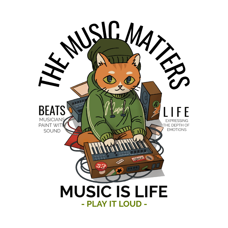 Áo thun trắng in hình mèo DJ đang chỉnh nhạc, tai nghe, hoodie và bàn mix, với slogan "The Music Matters – Music Is Life – Play It Loud", phong cách streetwear cá tính.