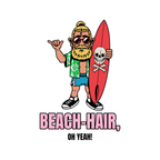 Áo thun unisex trắng và xanh dương in hình chàng trai lướt sóng tóc búi, cầm ván đầu lâu, slogan “Beach Hair, Oh Yeah!”, phong cách hài hước và streetwear mùa hè.