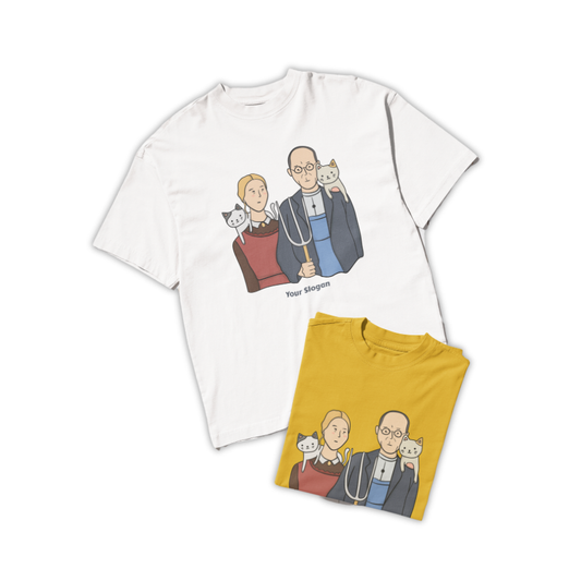 Áo thun in tranh meme đôi vợ chồng ôm mèo – kiểu American Gothic