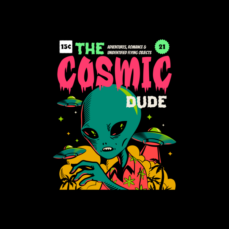 Áo thun unisex in hình người ngoài hành tinh, UFO, nấm và chữ “The Cosmic Dude” màu neon rực rỡ. Thiết kế đậm chất truyện tranh viễn tưởng – streetwear nổi bật.