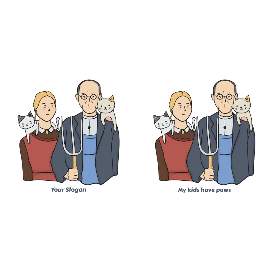 Áo thun in tranh meme đôi vợ chồng ôm mèo – kiểu American Gothic