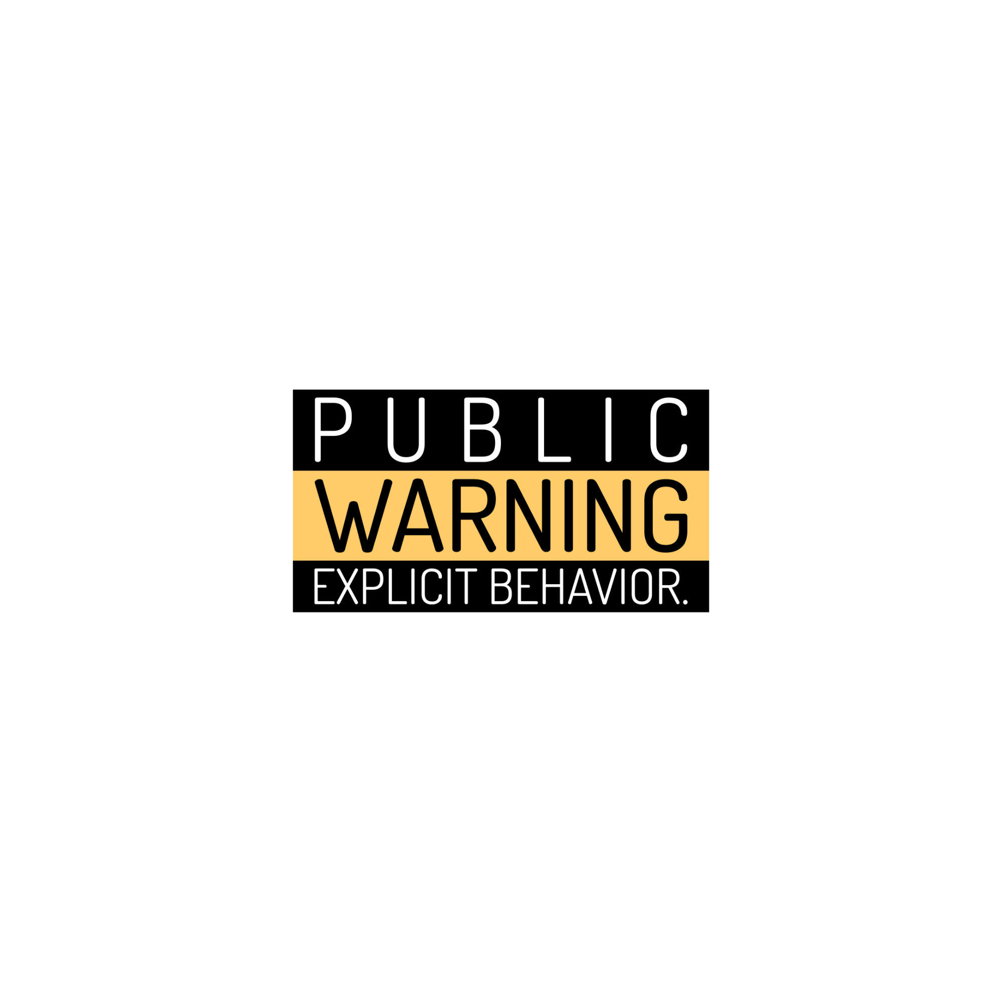 Hai người mặc áo thun trắng in chữ “PUBLIC WARNING: EXPLICIT BEHAVIOR” phong cách streetwear cá tính.