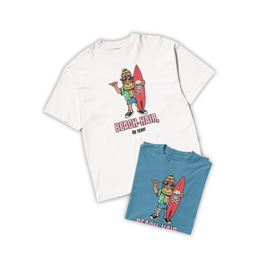 Áo thun unisex trắng và xanh dương in hình chàng trai lướt sóng tóc búi, cầm ván đầu lâu, slogan “Beach Hair, Oh Yeah!”, phong cách hài hước và streetwear mùa hè.