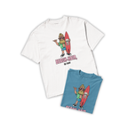 Áo thun unisex trắng và xanh dương in hình chàng trai lướt sóng tóc búi, cầm ván đầu lâu, slogan “Beach Hair, Oh Yeah!”, phong cách hài hước và streetwear mùa hè.