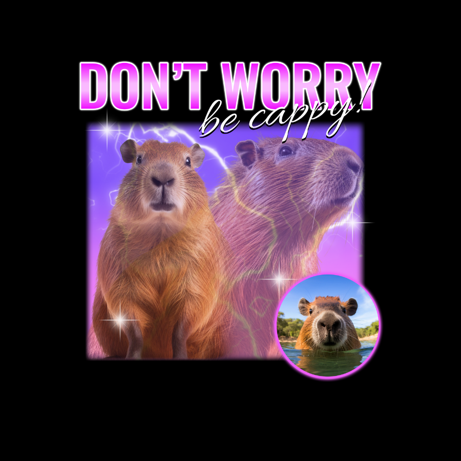 Áo thun Capybara chill, in hình capybara với hiệu ứng sáng, slogan tùy chỉnh, màu sắc neon bắt mắt.