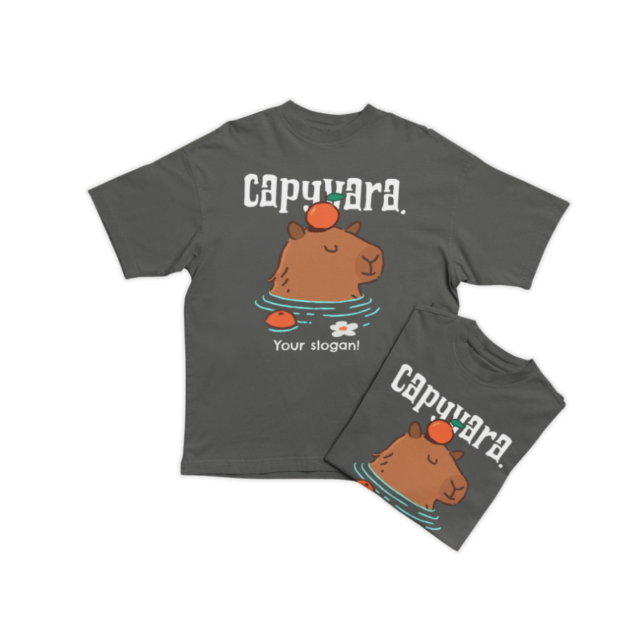 Áo thun capybara hài hước, hình vẽ capybara thư giãn trong nước, có quả cam trên đầu, thiết kế cá nhân hóa.