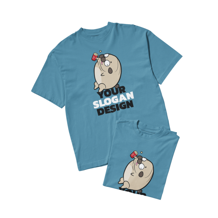 Áo thun xanh dương in hình chú chó hoạt hình pug đang gặm bắp ngô, phần slogan có thể tùy chỉnh theo ý người mặc.