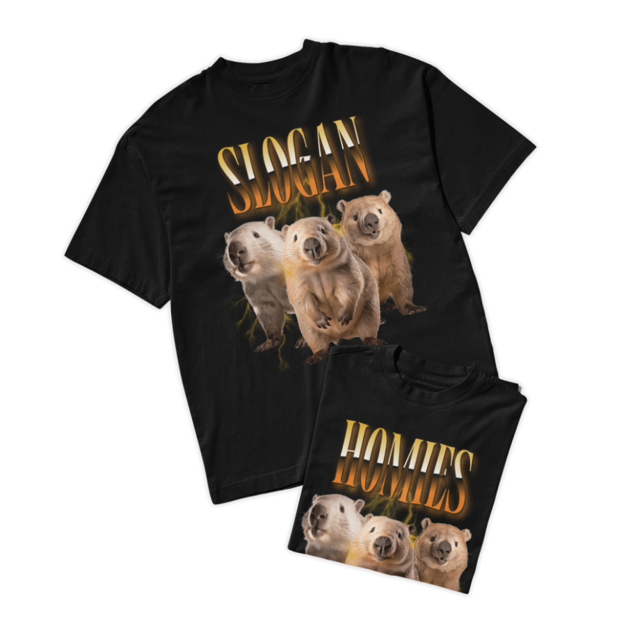 Áo thun wombat cá tính, hình ba chú wombat với hiệu ứng chữ Homies, tự thiết kế slogan hài hước.