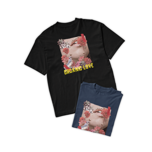 Áo thun unisex đen và xanh than in hình vòng tay, hoa, chim, da thịt người phối theo phong cách collage nghệ thuật, cùng dòng chữ “ORGANIC LOVE” màu vàng nổi bật.