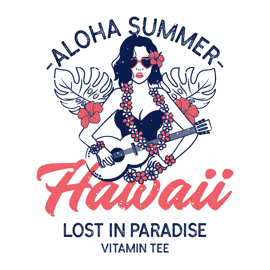 Ảnh áo thun trắng unisex in hình cô gái Hawaii chơi ukulele, dòng chữ Aloha Summer – Hawaii – Lost in Paradise, phong cách nhiệt đới mộng mơ.