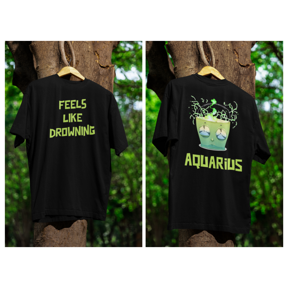 Áo hoodie hoặc áo thun in hình cung Bảo Bình với biểu cảm “đuối nước”, chữ “Feels like drowning” độc đáo, cá tính.