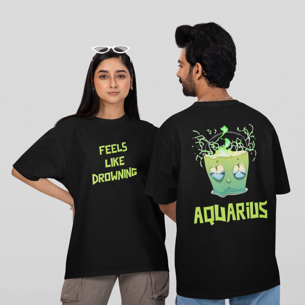 Áo hoodie hoặc áo thun in hình cung Bảo Bình với biểu cảm “đuối nước”, chữ “Feels like drowning” độc đáo, cá tính.