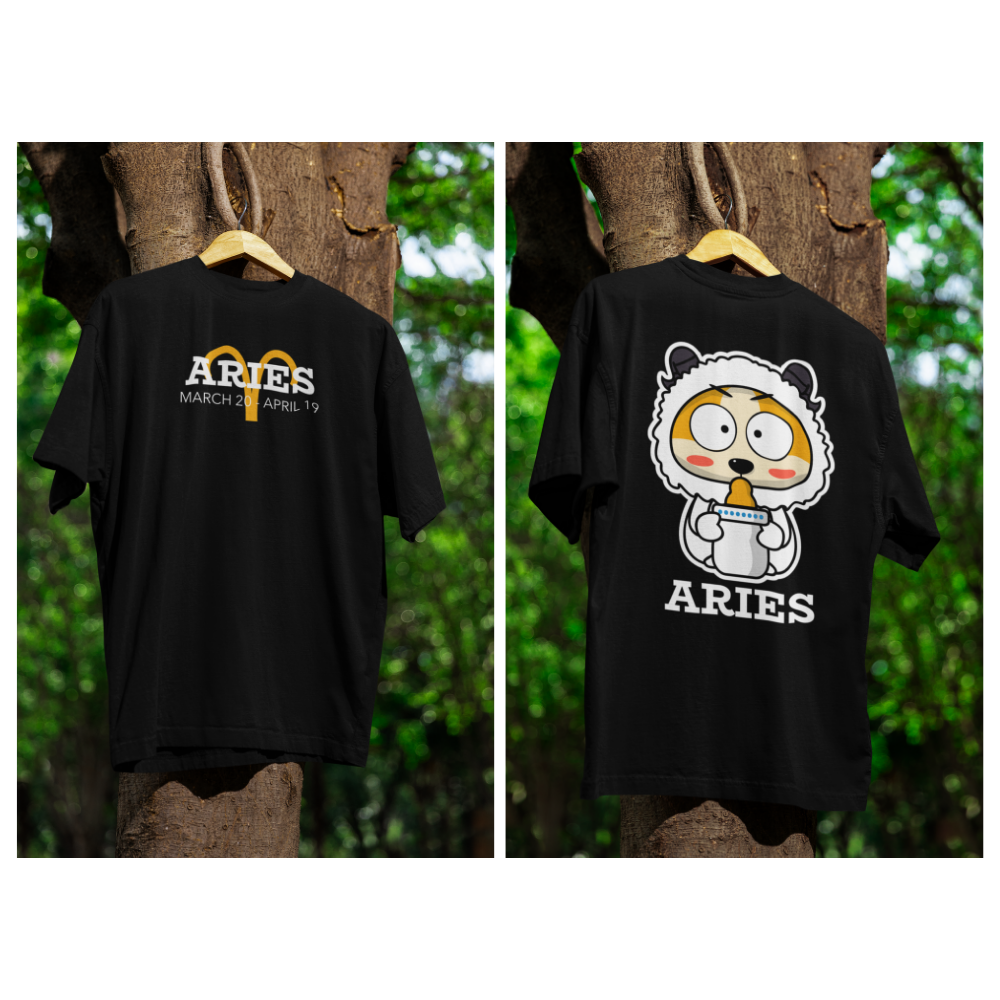 Áo đen in hình bé cừu uống sữa cung Bạch Dương và dòng chữ Aries – thiết kế hài hước, trẻ trung.