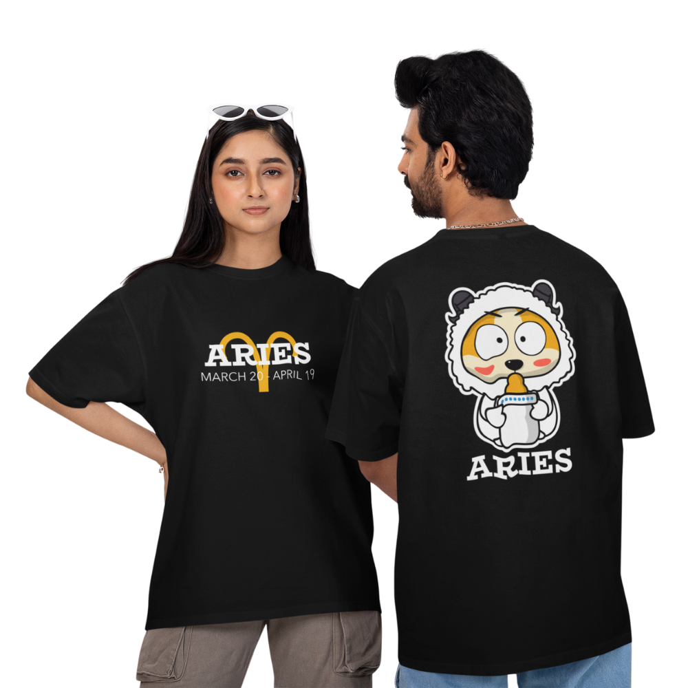 Áo đen in hình bé cừu uống sữa cung Bạch Dương và dòng chữ Aries – thiết kế hài hước, trẻ trung.
