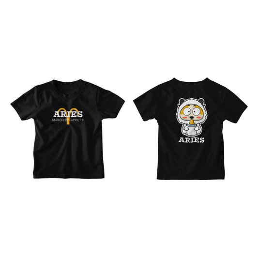Áo đen in hình bé cừu uống sữa cung Bạch Dương và dòng chữ Aries – thiết kế hài hước, trẻ trung.