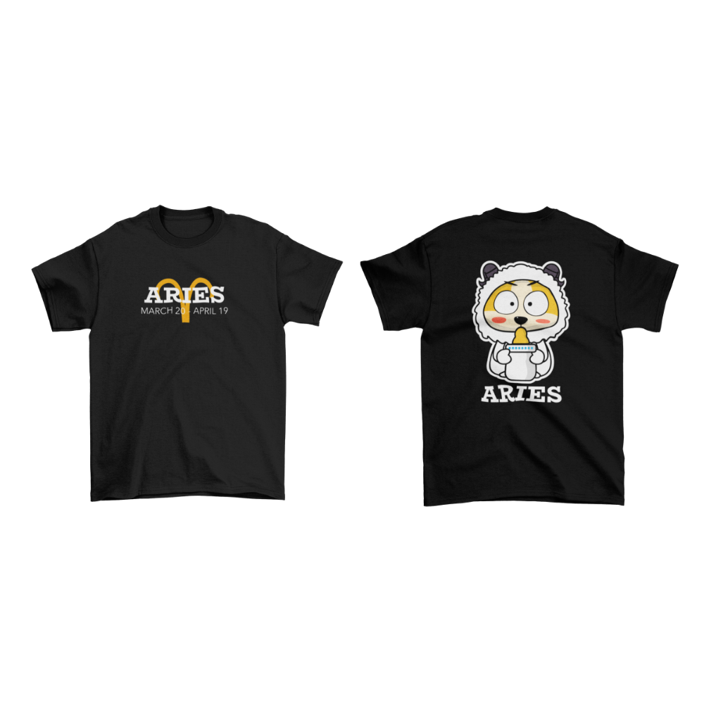 Áo đen in hình bé cừu uống sữa cung Bạch Dương và dòng chữ Aries – thiết kế hài hước, trẻ trung.