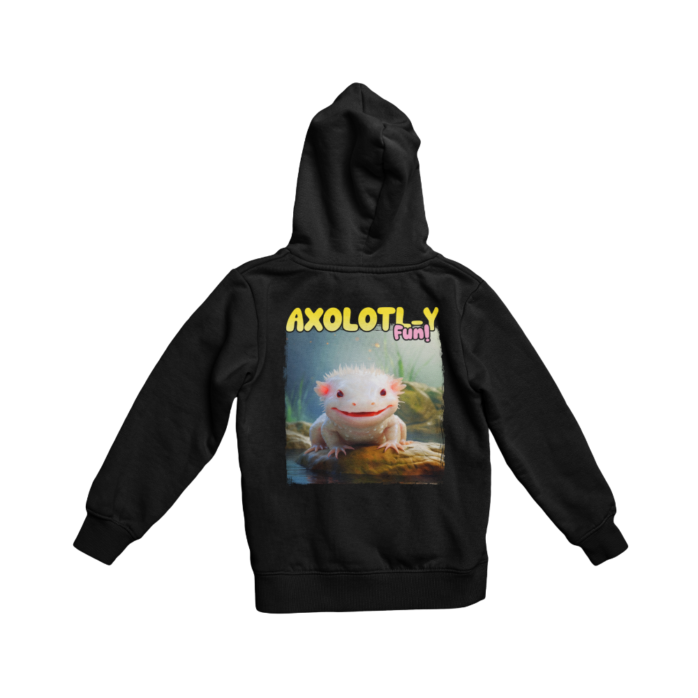 Áo thun đen in hình axolotl trắng hài hước cùng slogan Axolotl-ly Fun! nổi bật