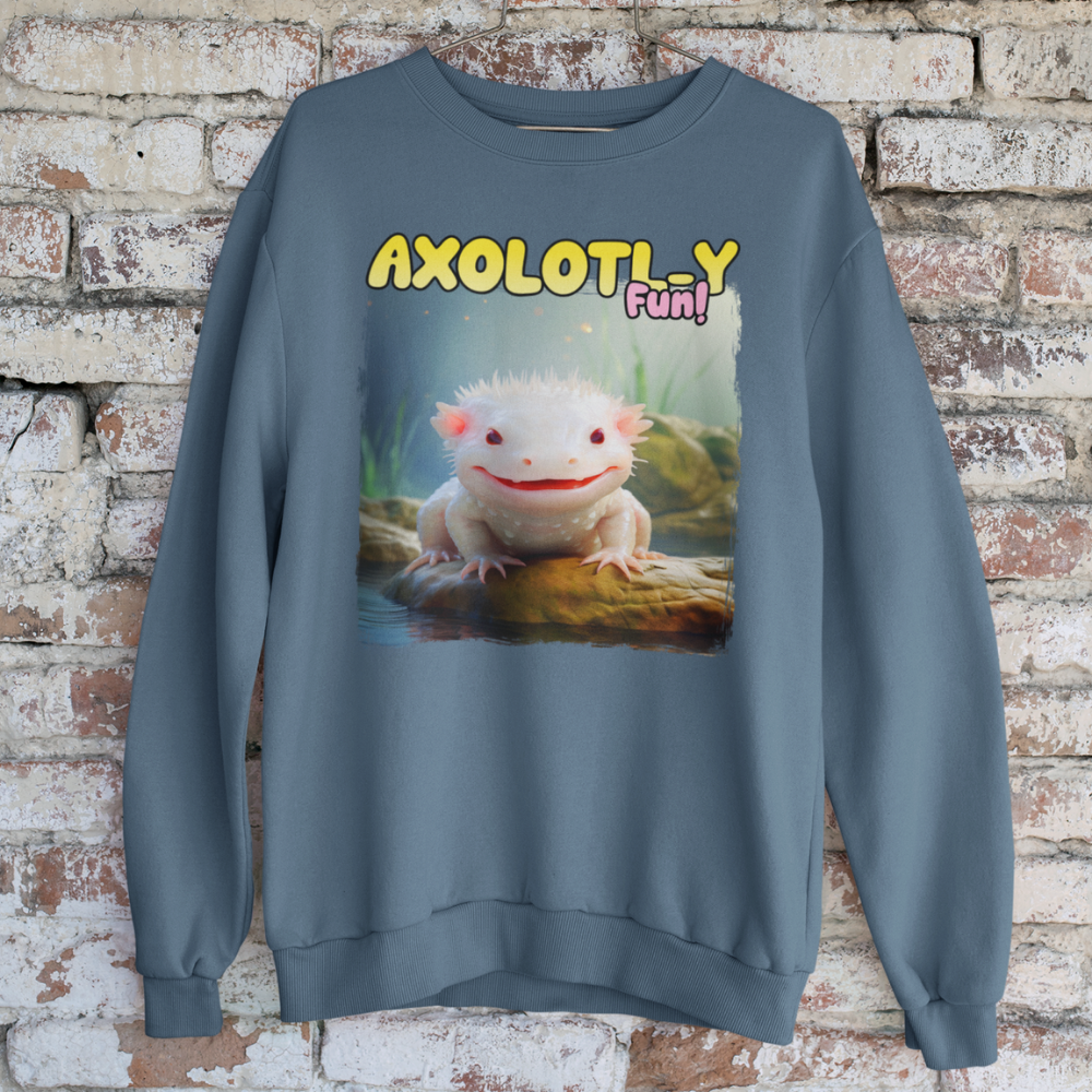 Áo thun đen in hình axolotl trắng hài hước cùng slogan Axolotl-ly Fun! nổi bật