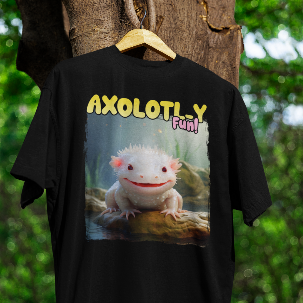 Áo thun đen in hình axolotl trắng hài hước cùng slogan Axolotl-ly Fun! nổi bật