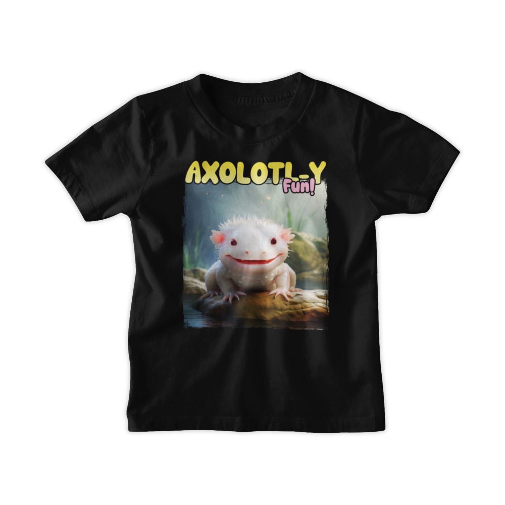 Black t-shirt with axolotl graphic and 'AXOLOTL-y Fun!' text on a white background