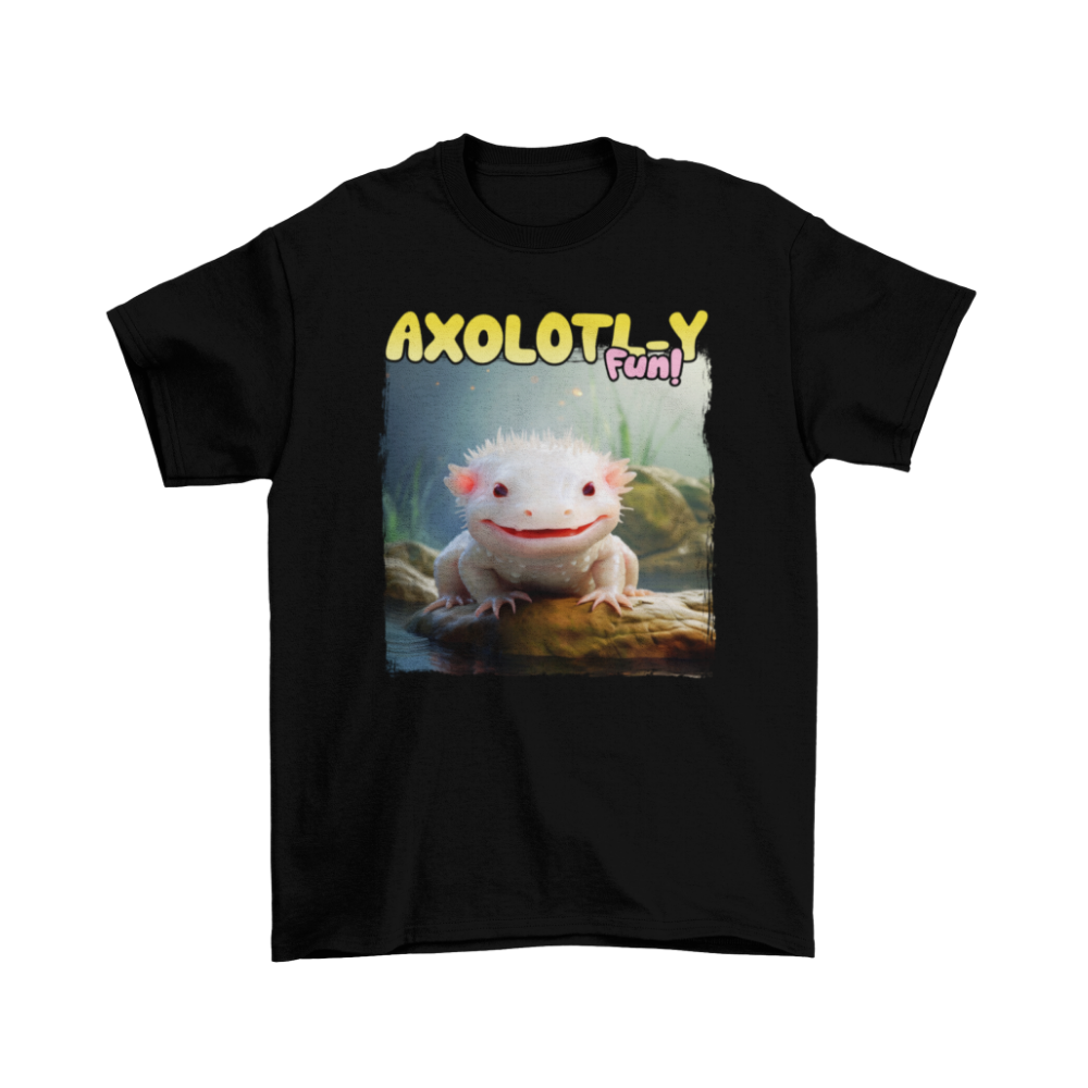 Áo thun đen in hình axolotl trắng hài hước cùng slogan Axolotl-ly Fun! nổi bật
