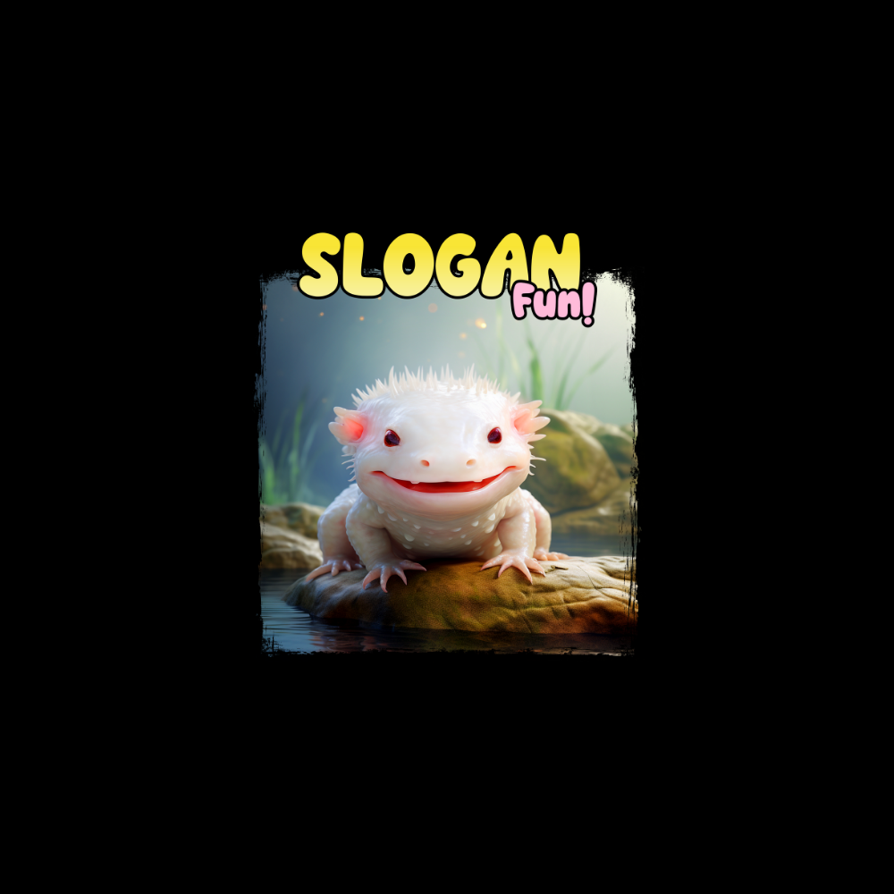 White axolotl on a rock with 'SLOGAN Fun!' text above