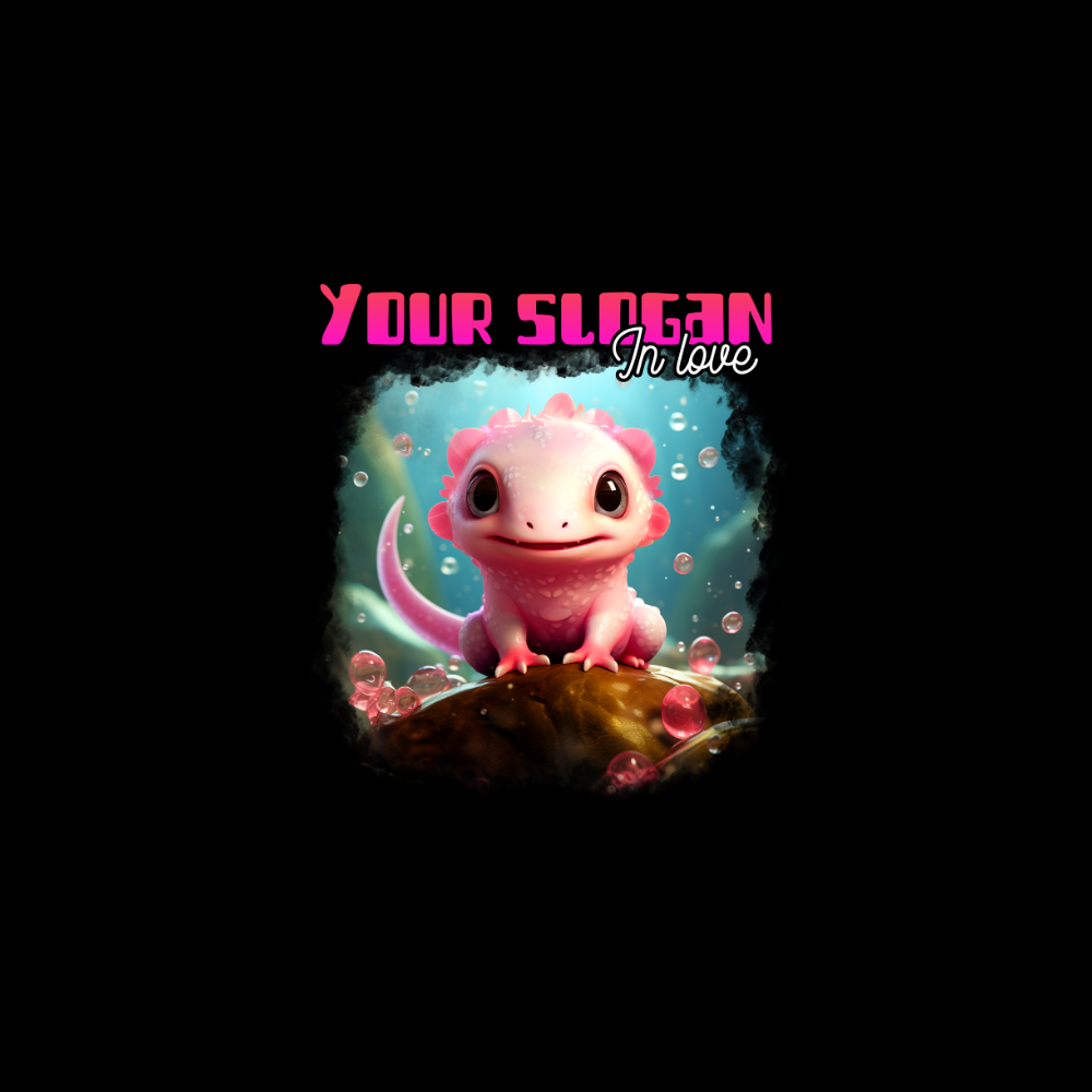 Pink axolotl character with 'Your Slogan In Love' text on a black background