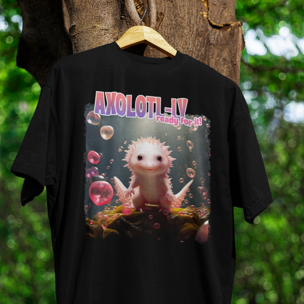 Black t-shirt with axolotl graphic and text 'AXOLOTL-IV Ready for it!' hanging on a wooden hanger against a natural background.
