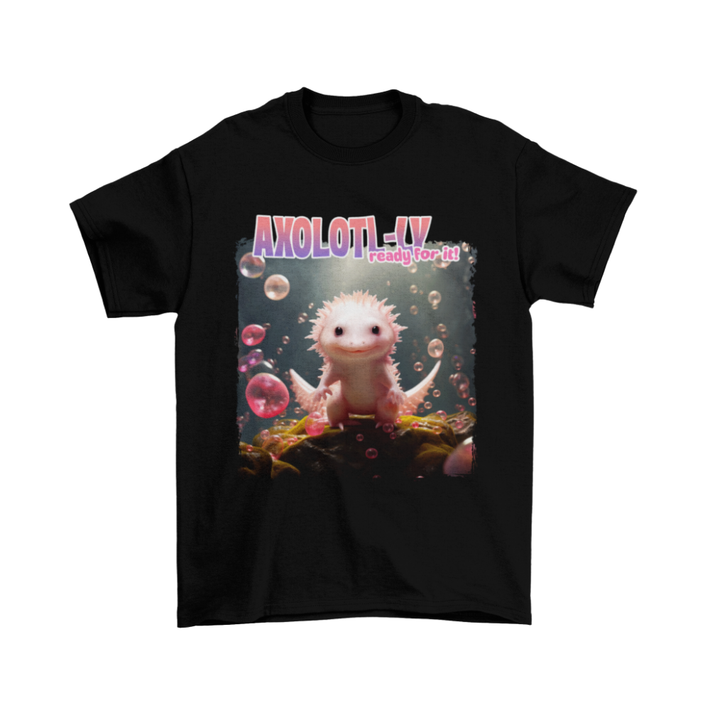 Áo thun đen in hình axolotl hồng cute cùng dòng chữ "Axolotl-ly ready for it!"