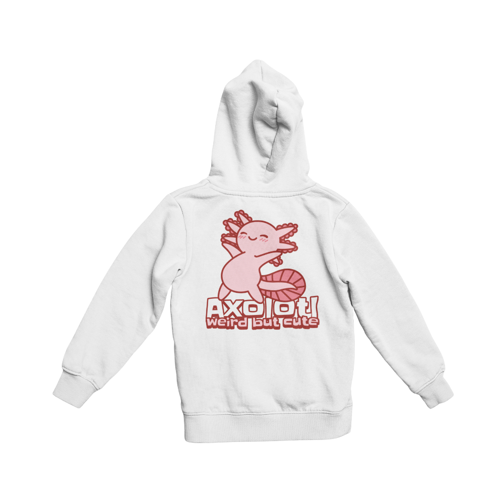Áo thun trắng in axolotl hồng cute với slogan "Weird but cute"