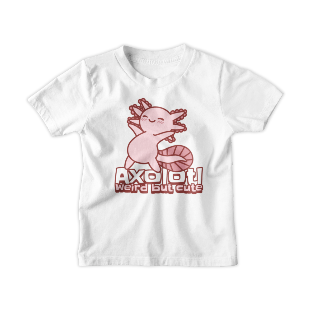 White t-shirt with pink axolotl graphic and text on a white background