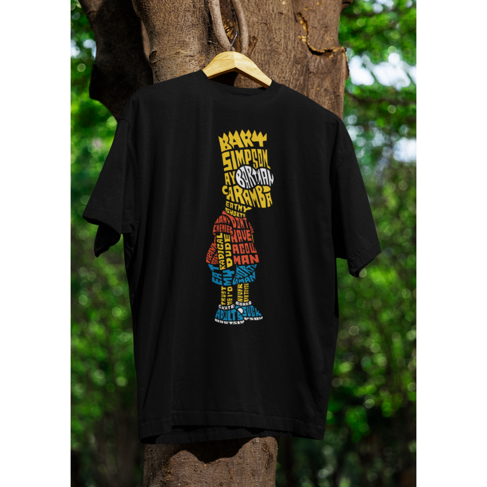 Áo thun Bart Simpson phong cách typography với các từ khóa nổi bật như “CARAMBA”, “SKATE”, “RADICAL”, “DUDE”, “EAT MY SHORTS”.